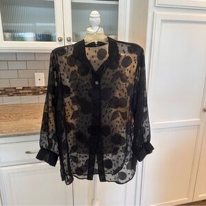 Dotti Black Sheer Blouse with Seashells Embroidered Size Small Coverup